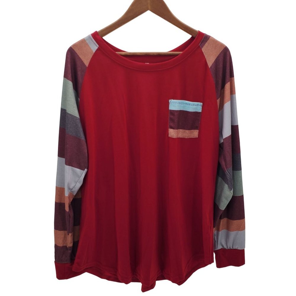 Womens Red‎ Striped Slevee T-Shirt Top Size XL Long Sleeve Pocket Colorblock
